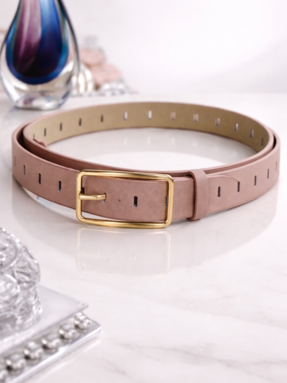 Gold-Buckle Taupe Women's Leather Belt